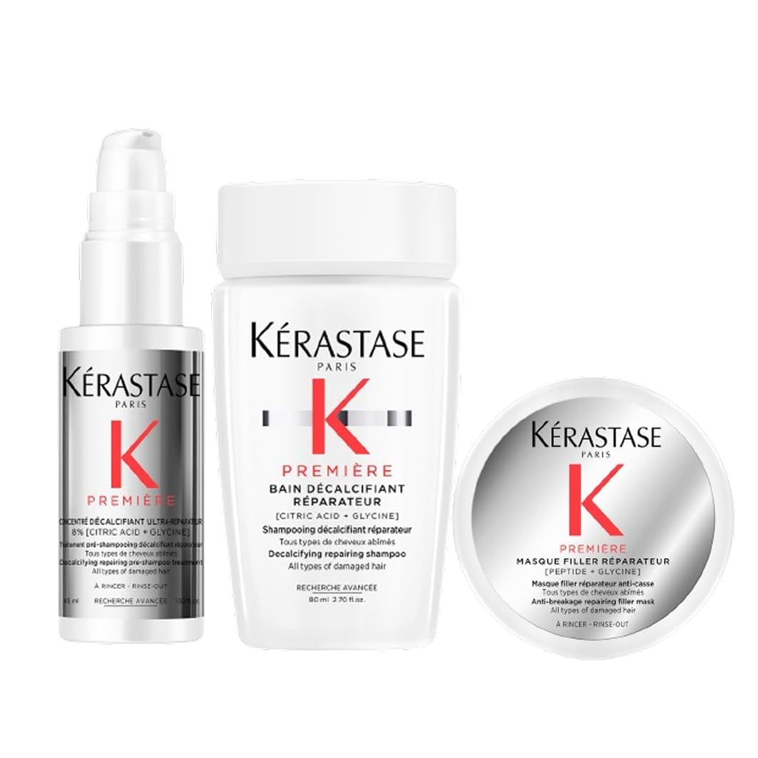 Kérastase, Première, Pflegeroutine mit Pre-Shampoo, Shampoo und Haarmaske für geschädigtes Haar, Concentré Décalcifiant Ultra-Réparateur, Bain Décalcifiant Rénovateur & Masque Filler Réparateur