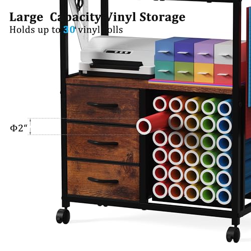 Image of 30 Vinyl Roll Holders for Cricut Cart, Rolling Craft Cart with 3 Fabric Drawer, Craft Organization and Storage Compatible with Cricut Maker Machine, Crafting Cabinet Table Workstation, Rustic Brown
