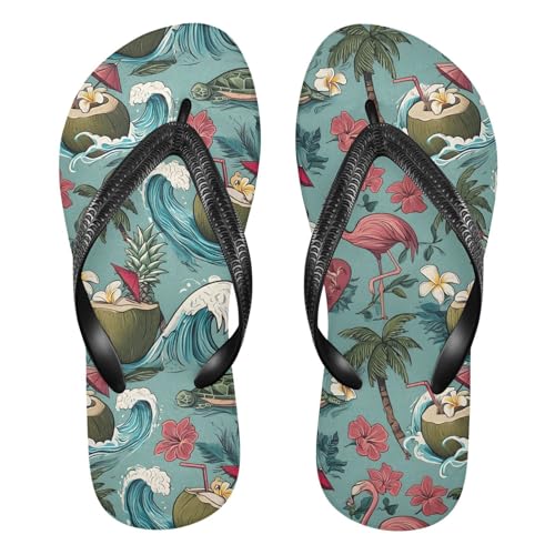 ALAZA Flamingo Palm Coconut Summer Printer Flip Flops for Women Fashion Beach Slippers Comfort Mens Flip Flops Non-Slip Rubber Shower Slippers Sandal for Hotel Travel Sport,XS