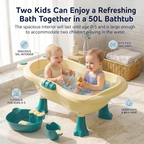 Image of StarAndDaisy Baby Bath Tub for 0 to 5 Years with Bathing Accessories Tray & Mug | Baby Bather for 0 to 2 Years | BPA Free Baby Bath tub for Kids 0-3 Years with 4-Leg Support (Cream-Green, Bathtub with Legs)