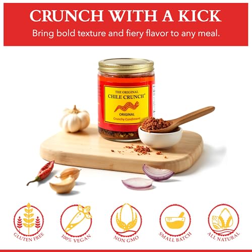 CHILE CRUNCH - Original Spicy Crunchy Condiment - All Natural Roasted Chili Peppers, Garlic & Onion Crisp Sauce - Vegan, Gluten-Free, No Preservatives - Homemade Authentic Mexican Recipe 5.5oz (3 Pack)