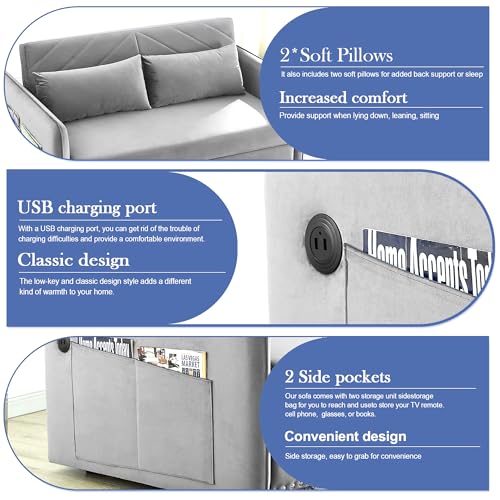 SumKea Loveseat Sleeper USB Port Pull Out Couch with Nailhead Trim, 3 in 1 Sofa Bed Adjustable Backrest with 2 Pillows, Grey