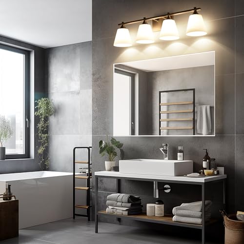 Image of Bathroom Vanity Light Fixtures, American Traditional Brushed Nickel 4 Lights Vanity Lighting Fixture with Opal Glass Shade, Porch Wall Mount Light Fixture for Bathroom, Mirror Cabinets Hallway Stairs
