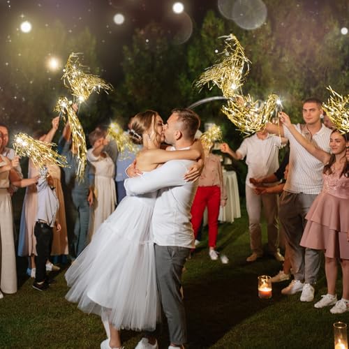 Image of Simgoing 100 Pcs Lighted Wedding Wands LED Tinsel Wands Light up Streamers Sparklers for Wedding Send Off and Exits Birthday Party Props Favors(Gold)