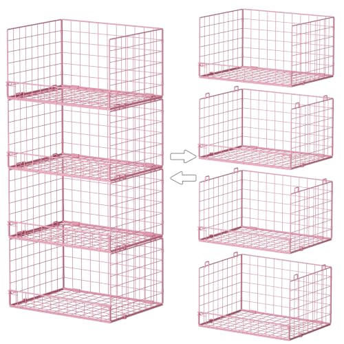 Image of 4-Tier Closet Organizers and Storage, Stackable Closet Organizer Basket, Foldable Closet Shelf Organizer Basket, Stackable Storage Bins and Organizer Shelves for Home Closet Organizer System, Pink