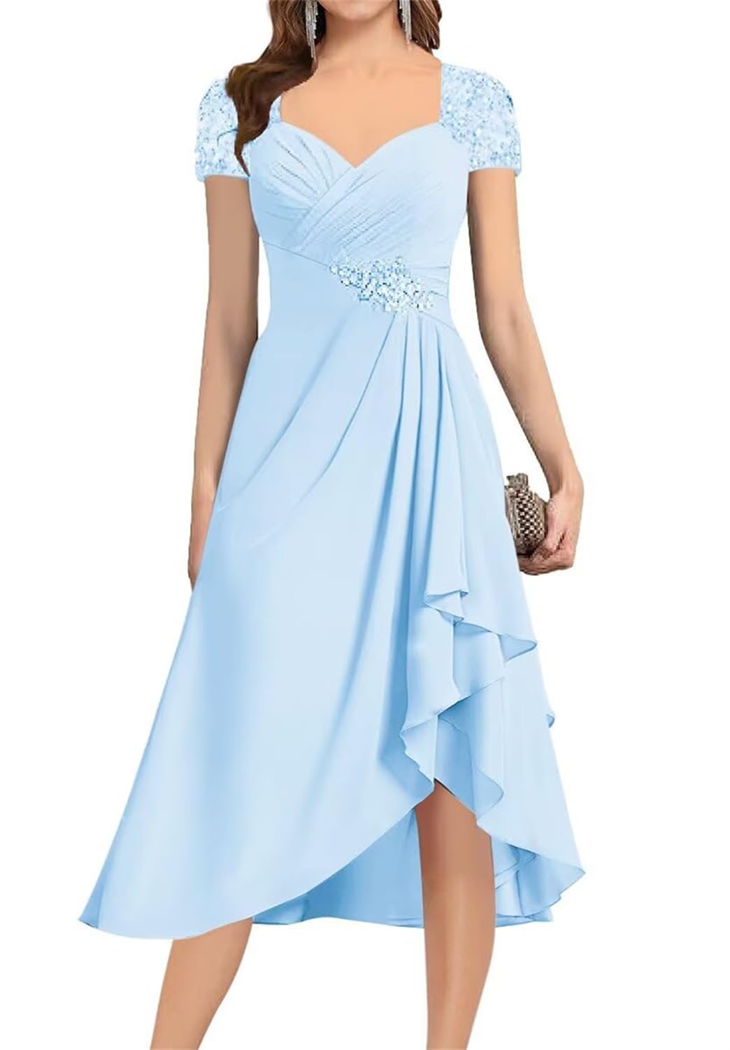 YIANN Light Blue Mother of The Bride Dresses for Wedding Party V Neck A Line Chiffon Tea Length Mother of Groom Dress UK14