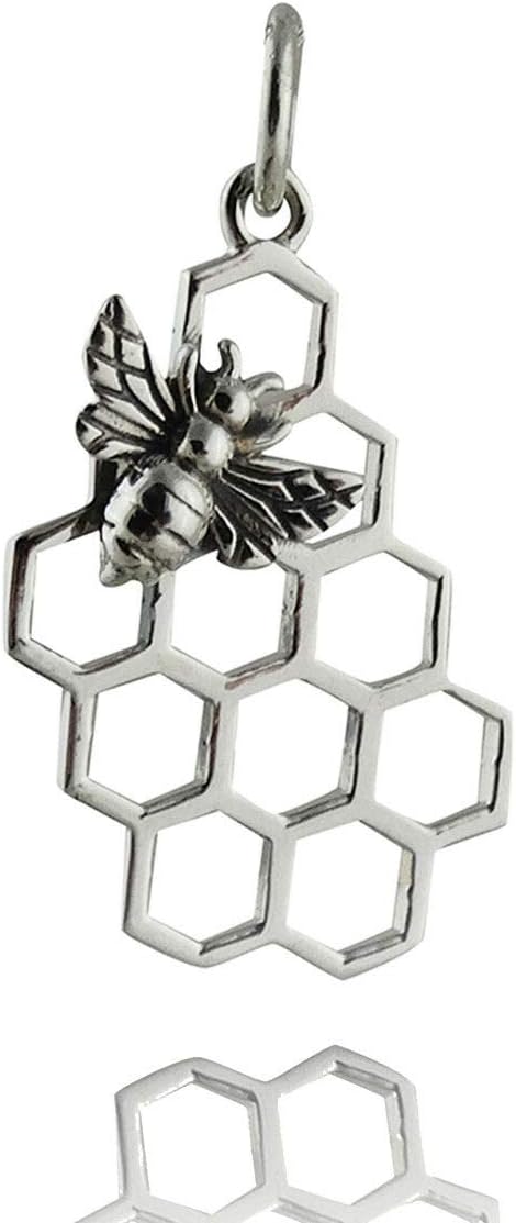 Honey Bee on Honeycomb Charm - Sterling Silver 925. Bees Hive Beehive Queen - Jewelry Making DIY Crafting Charm Beads for Bracelets