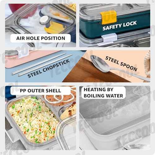 Image of TEKCOOL Lunch Box for Adults - Lunch Box for Kids - with Spoon & Fork - Stainless Steel Lunch Box with 3 Compartment - Durable Perfect Size for On-The-Go Meal, BPA-Free