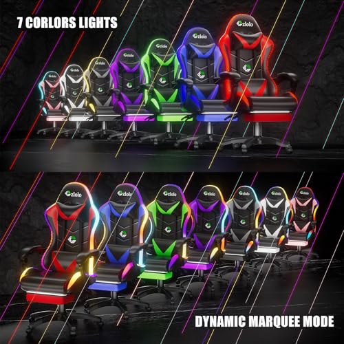 Image of Czlolo Gaming Chair, Racing Style RGB LED Lights Gaming Chairs for Adults and Kids, Lumbar Massager Gamer Chair, High Back Reclining Computer Chair with Footrest and Headrest (Black /White)