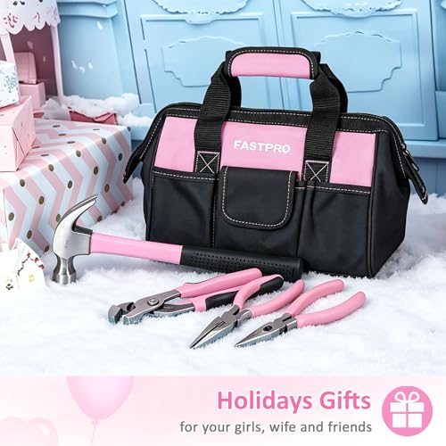 Image of FASTPRO 215-Piece Pink Tool Set, Home Repairing Tool Set with 12-Inch Wide Mouth Open Storage Bag, Household Hand Tool Kit, Pink