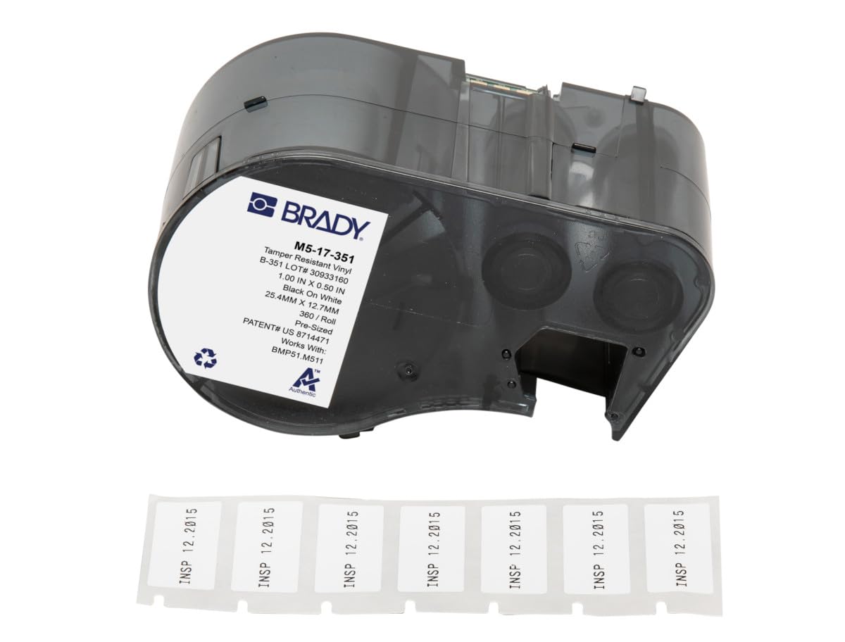 Brady Tamper-Resistant Vinyl Pre-Sized Labels for Label Printer BMP51/BMP53/M511-360 Self Adhesive Printer Labels - Black on White (25,40 mm (W) x 12,70 mm (H)) - M5-17-351