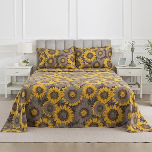 Image of Sunflower Muslin Bed Sheets Queen Size, Shabby Yellow Floral Chic Soft Farmhouse Sheet Set, Neutral Luxury Cottage Bedding, Grey Flower Deep Pocket Fitted Sheet, 100% Washed Cotton, 4Pcs