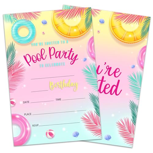vuxhg Pool Party Birthday Invitations 20 Swimming Pool Invites With Envelopes For Boy Girls Summer Birthday Party Favors Supplies Invitations -B10