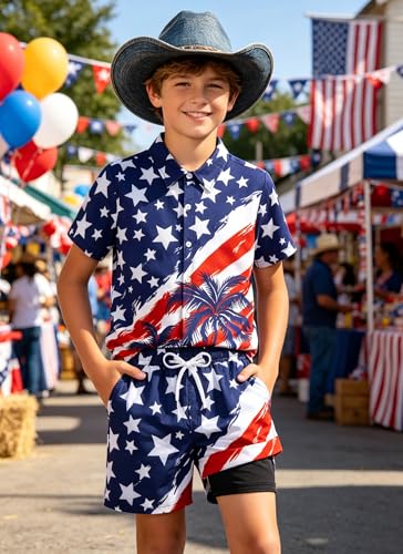 Image of UNICOMIDEA Boys 4th of July Outfits Kids Patriotic Independence Day Tropical Short Sets for 5-12 Years