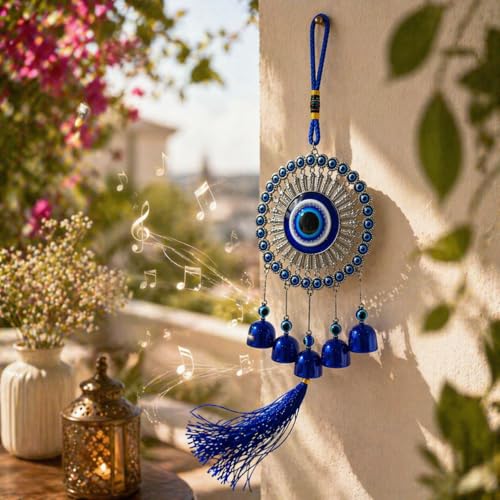 Image of Jaipur Ace 5 Bell Evil Eye Hanging Wind Chime for Home & Balcony Decor - Blue Nazar Protection Charm with Soothing Sound, Decorative Wall Hanging for Positive Energy, Living Room & Gift Use