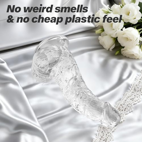 Image of Realistic Transparent Dildo for Women Men, 6.7 inch Lifelike Clear Dildo with Powerful Suction Cup, Odorless Soft TPE Material, 5.9 inch Insertable Length Sex Toy for G-Spot & Anal Play, Beginner Friendly