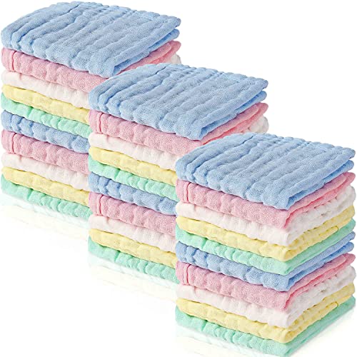 Image of Chumia 30 Pcs Baby Muslin Washcloths Muslin Burp Cloths Baby Towel Natural Cotton Burp Cloths Wipes Soft Newborn Face Towel Absorbent for Face Bath Shower, 12 x 12''(Blue, White, Green, Yellow, Pink)