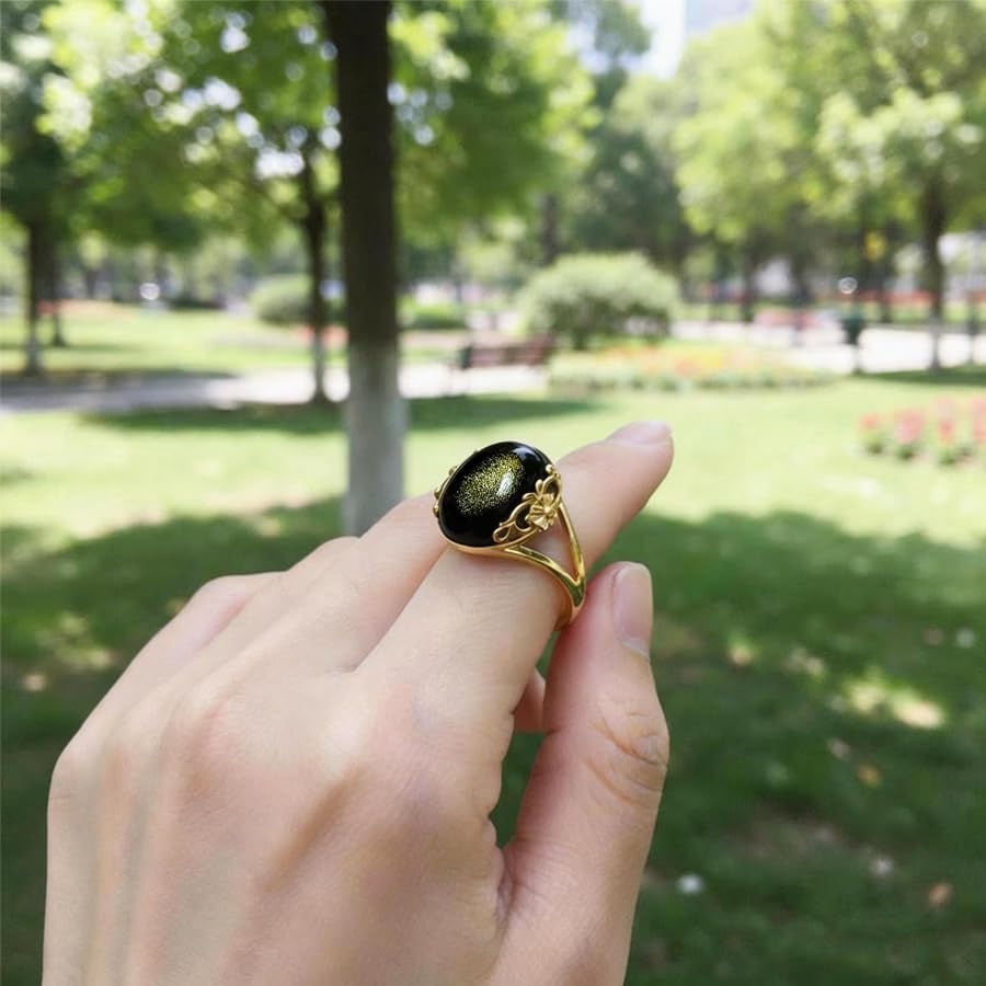 Black Obsidian Ring for Women, 14K Gold Plated Natural Crystal Stone, Genuine Gemstone - Image 4