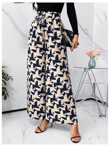 WDIRARA Women's Printed Drawstring Waist Wide Leg Long Pants Trousers with Pockets4