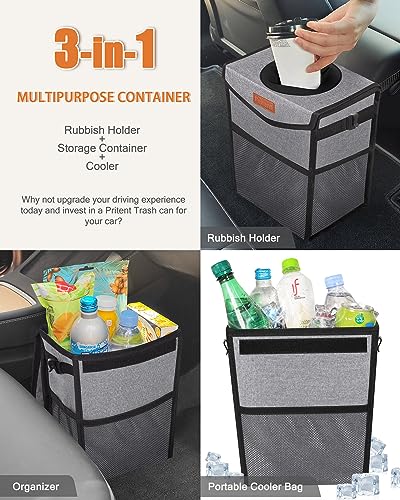 Image of Pritent Car Trash Can with Lid, Cute Leakproof Car Trash Garbage Bag Hanging Vehicle Trash Bin Small Portable Automotive Garbage Cans Organizer for Back /Front Seat /Console(2.8 Gallons,Grey)