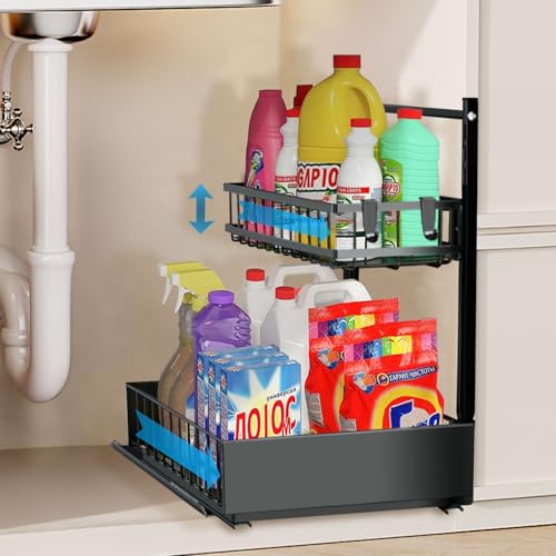 sagetta Black Under Sink Organizers with Sliding Rails Under Kitchen Sink Organizers and Storage Pull out Kitchen Cabinet Organizer Height Adjustable Cabinet Storage Shelves Two Tiers
