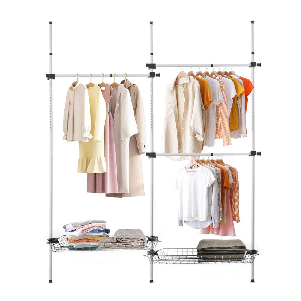 YNBSHGAA Adjustable Heavy Duty Standing Garment Rack with 2 Large Shelves and Telescopic Hanging Rod Grey+Silver,Black+white-3V3H-2Basket