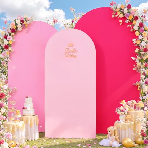 Image of Gradient Pink Arch Backdrop Cover Set of 3 (7.2ft, 6.6ft, 6ft), Ombre Hot Baby Blush Pink Chiara Frame Covers, Spandex Wrinkle-Free Fabric for Girl Birthday Party Decor (No Stand)