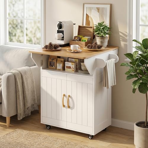 MAHANCRIS Kitchen Island on Wheels, Rolling Island Cart with Drop