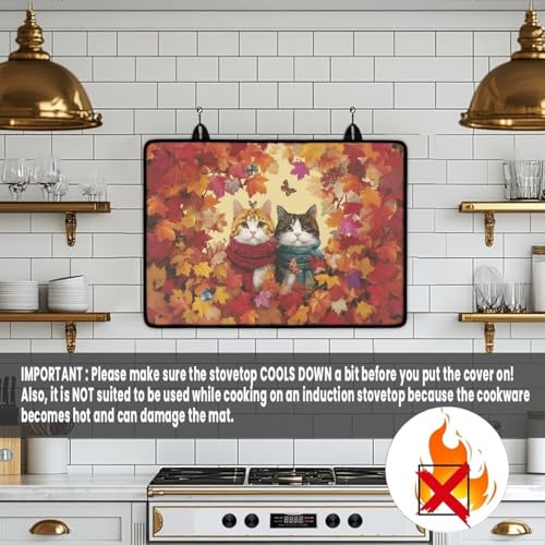 Image of Stove Cover Dust Mat, Thanksgiving Maple Cat, Heart Resistant Ceramic Glass Electric Stove Top Cover, Extra Large Stovetop Cover for Electric, Thanksgiving Decor