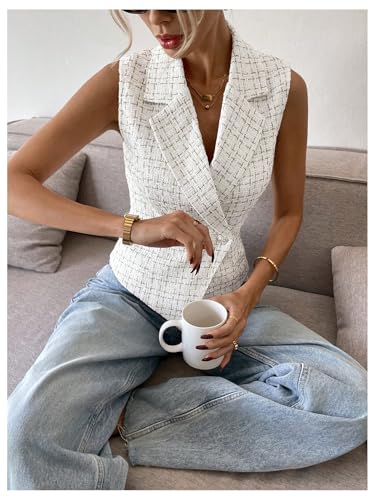 GORGLITTER Women's Plaid Sleeveless Blazers Vest Double Breasted Button Up Waistcoat Dressy Office Corporate Outfits4