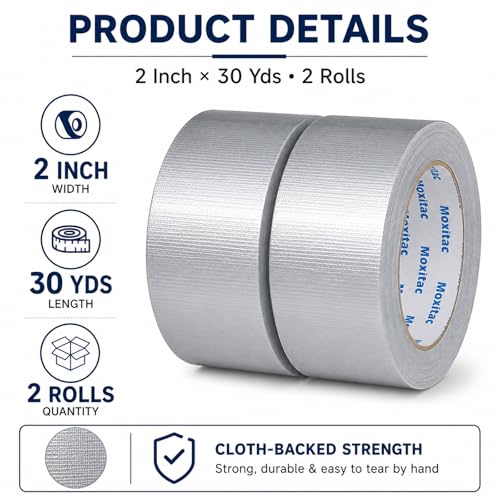 Image of Silver Duct Tape Heavy Duty, 2 Rolls, 2 Inch x 30 Yds Each, PE Coated Cloth Tape, Easy Tear by Hand, Water-Resistant Surface for Repairs, Packaging, Bundling, Garage and Workshop