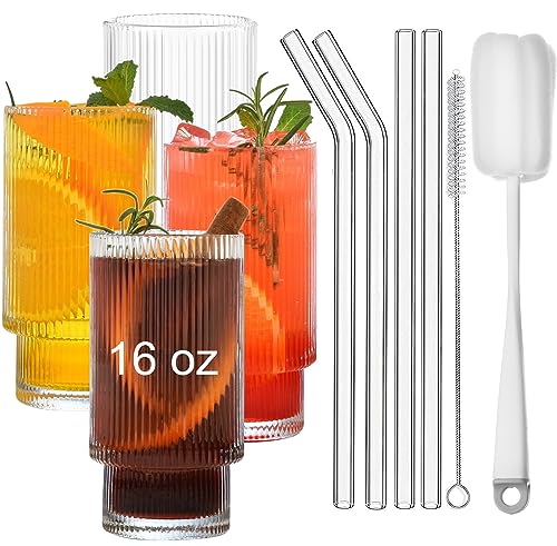 Comparativas de Tienda de vasos de vidrio Top cinco. 37 ALINK - Juego de 4 vasos de vidrio acanalados grandes de 16 onzas con pajitas, set de 4, vasos de café helado clásico, vaso de vidrio estriado para coocktail, whisky, cerveza...