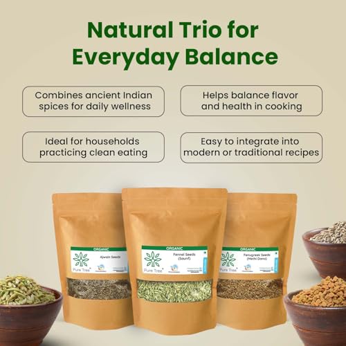 Image of Pure Tree Certified Organic Ajwain, Methi, Saunf | 75 g Each | Carom, Fenugreek & Fennel Seeds | Spices Whole Vaamu, Methi dana, Variyali Combo Pack