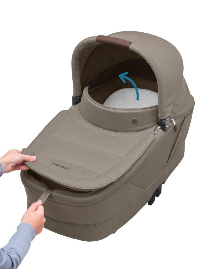 Maxi-Cosi Sense Navicella, spaziosa e confortevole, materasso memory foam traspirante, ClimaFlow, inclinazione SoothingSlope, sonno notturno, manico pelle vegana, Twillic Truffle