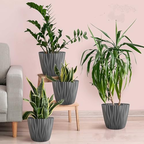 Image of StyleX Store Plastic Round Flower Pots with Drainage Hole Saucers | Durable Outdoor Indoor Wave Pattern Planter with Tray | Plant Container for Balcony, Garden, Office, and Home (Set of 5, Grey)