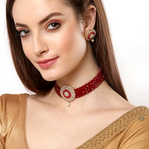 American Diamond Plated Brass Pearl Choker Necklace (Maroon)