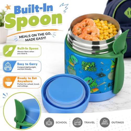 Image of Howeemo 10oz Soup Thermo for Hot Food Kids, Leak Proof Stainless Steel Wide Mouth Lunch Food Jar with Spoon, Dinosaur Blue