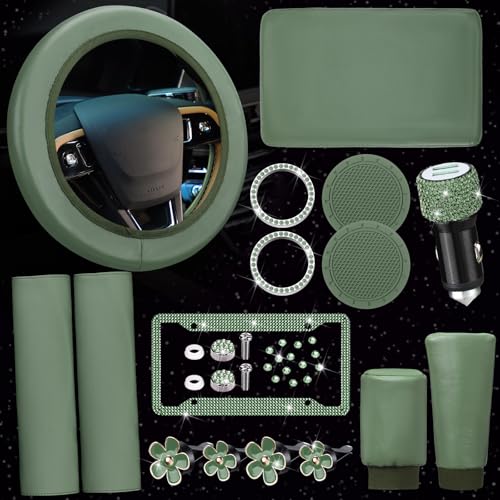 15 Pcs Bling Car Accessories Set Leather Steering Wheel Cover Seatbelt Cover Car Ring Sticker Center Console Pad USB Port Flower Air Vent Clip(Green)