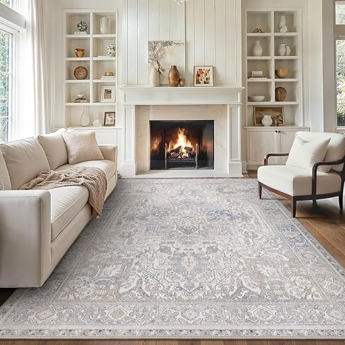 GENIMO 5x8 Area Rugs for Living Room, Machine Washable Low Pile Rugs, Chenille Non Alip Vintage Rug for Bedroom, Dining Room, Home Office, Khaki Blue