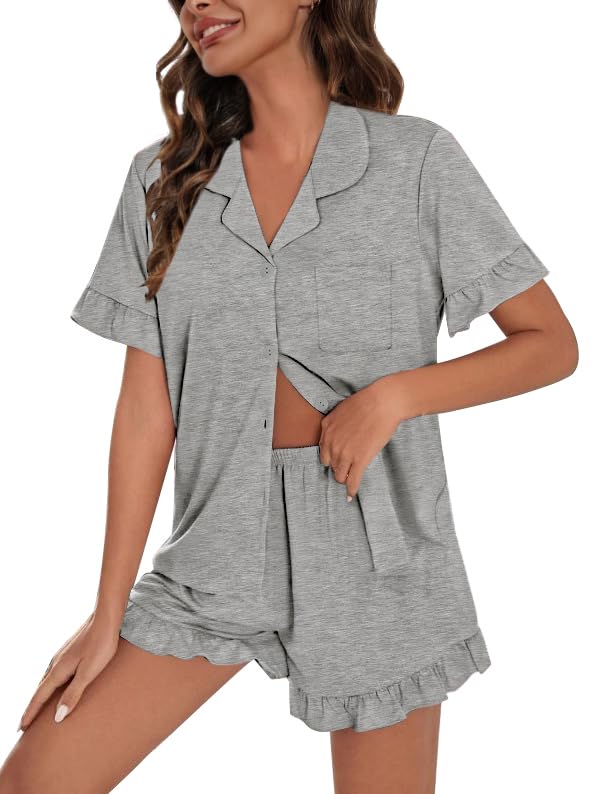 SWOMOG Woman Pajama Set Short Sleeve Pjs Set 2Pcs Short Pajamas Button Down Ruffle Hem Sleepwear Soft Modal Loungewear2