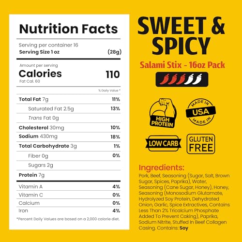 Image of Long John Snacks Dried Salami Sticks, Sweet and Spicy, 16 Oz | High Protein Smoked Meat Sticks Bulk Pack - Handcrafted From Fresh, Never-Frozen Cuts of USA Beef and Pork