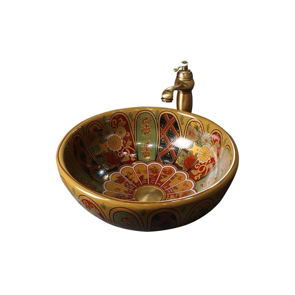 Hhmmei2024-23 Basin Sink 40 * 40cm Round Retro Light Luxury Wash Basin Bathroom Ceramic Countertop Art Sink Vessel Bowl