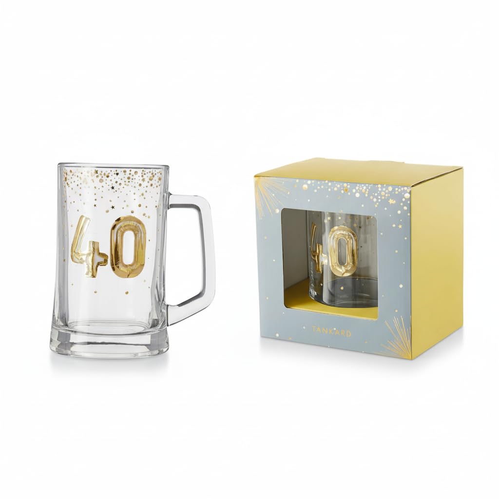 40th Birthday Glass Tankard by Hox – 1 Pint Beer Glass with Gold Number 40 Design, Gift‑Boxed Celebration Tankard for Him