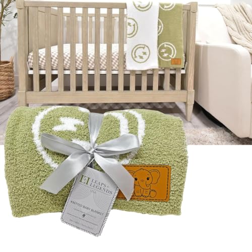 Image of L+L USA Smiley Face with Lightning Bolt Eyes Baby Blanket 28 inchx40 inch - DreamSoft Throw for Crib, Stroller or Car Seat Blanket /Newborn Nursery Gift Toddler, Infant, Kids Boys & Girls (Sage Green /White)