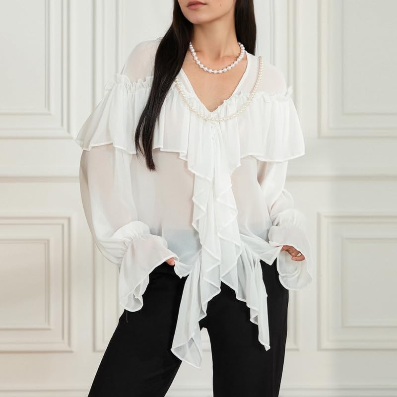 Women Tie Front Ruffle Boho Tops Short Sleeve Sheer Mesh Floral Embroidery Blouse Lace Summer Fall Streetwear - Image 3