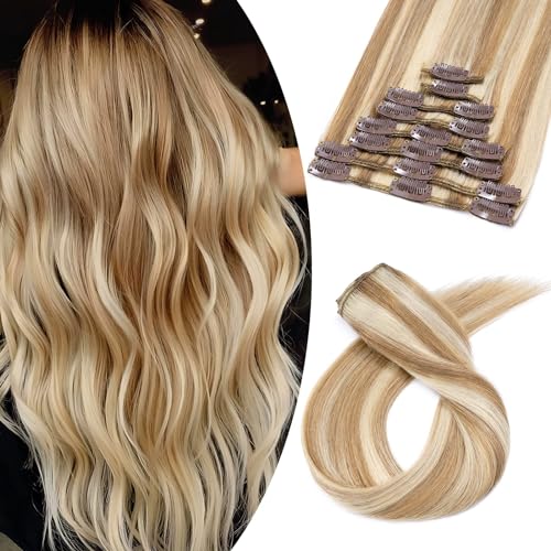 Image of Benehair Clip in Hair Extensions Real Human Hair 8pcs 12inch Remy Human Hair Extensions Straight Hair Extensions Ombre Light Brown Mixed Bleach Blonde