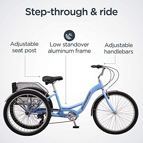 Schwinn Meridian Adult Trike, Three Wheel Cruiser Bike, 7-Speed, 26-Inch Wheels, Cargo Basket, Periwinkle