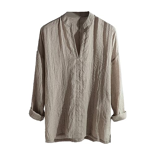 Men's Linen Cotton Long Sleeve Blouse Buttonless Solid Color Shirts Summer Fast Drying Top T-Shirt