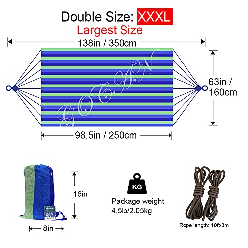 Image of GOCAN Brazilian Double Hammock 2 Person Extra Large Canvas 250x160cm Total Length 350cm Load 500lb Cotton Hammock for Garden Outdoor and Indoor