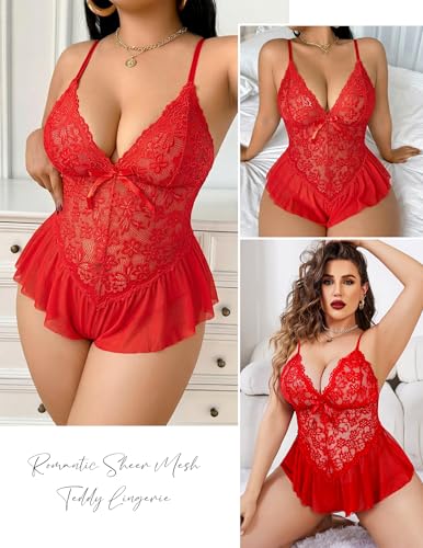 Nuisette rouge en dentelle pour pimenter vos soirées en amoureux en taille XXL - 2